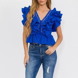 Embellished Ruffles Trim Detail V-Neck Blouse